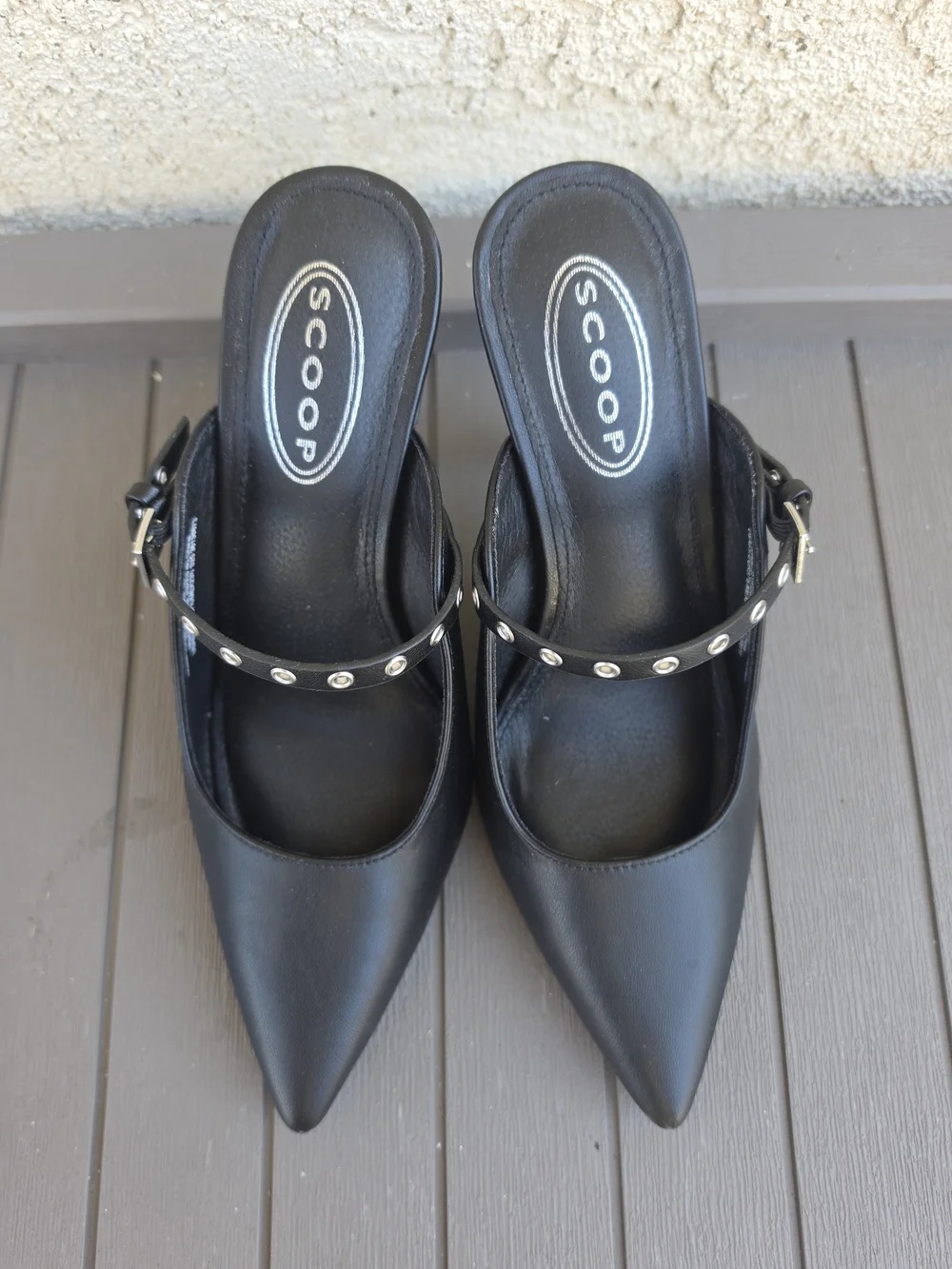Scoop Black Pointed Toe Grommet Strap Stiletto Mules Heels Size 6.5